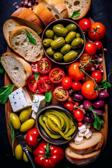 Mediterranes Fingerfood mit Baguette, Tomaten, Gurken, Paprika, Oliven und Feta-Käse