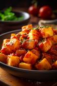 Patatas Bravas - Knusprige spanische Kartoffelwürfel mit würziger Tomatensauce.