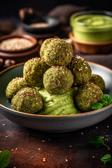 Quinoa-Bällchen mit Avocado-Dip auf einem Teller angerichtet.