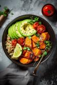 Quinoa Bowl mit gebratenen Süßkartoffeln und Avocado