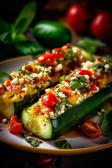 Gefüllte Zucchini mit Feta und Tomaten auf einem Teller