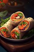 Vegetarische Wrap-Röllchen mit Karotten, Paprika und Salat.