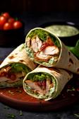 Wrap-Häppchen mit Hähnchen und Avocado-Dip